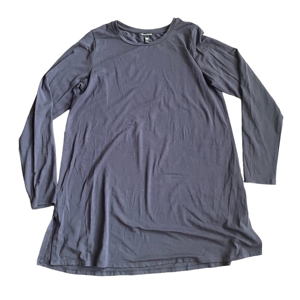 Eileen Fisher Long Sleeve Petite Medium Navy Blue Tencel Blend Side Slit Shirt